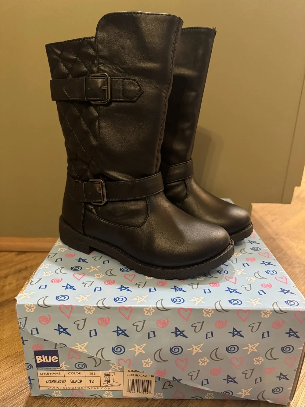 Kids Black Quilted Shaft Mid-Calf Boots with Buckle Accents